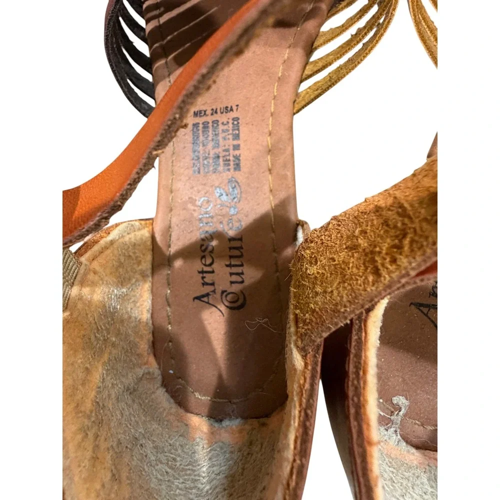 Artesano Couture Womens Leather Huarache Sandals Woven Boho Flats Brown 7 Mexico